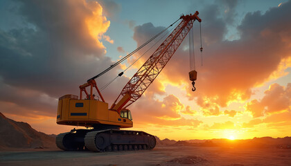 Heavy yellow crane with orange boom sits on dusty ground. Dramatic sunset sky with fiery clouds paints scene. Construction equipment awaits work on site.