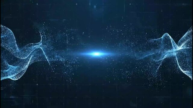 Wide cosmic view of glowing orb with twin sine waves amid starry deep blue universe expanse