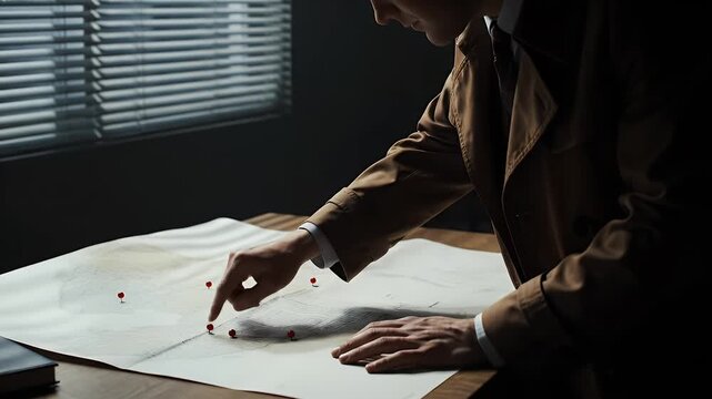 Detective Examining Map with Red Pins on Wooden Table in Dimly Lit Room with Blinds and a Book for Crime Scene
