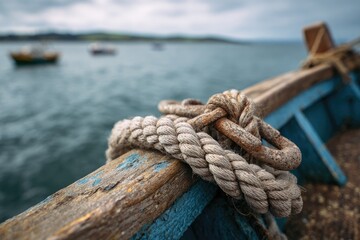Fototapeta premium Close-up of a rope tied to a weathered blue boat on a tranquil sea, with blurred boats in background