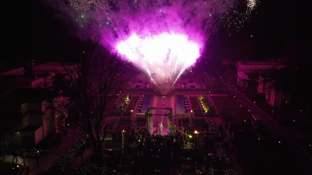 Aerial drone shot of a Jaimala ceremony at a Big Fat Indian wedding with fireworks
