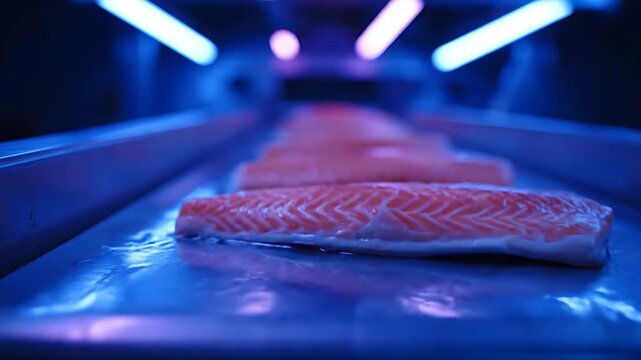 Fresh salmon fillets move along a brightly lit, modern industrial conveyor belt in a seafood processing facility under controlled blue lighting conditions.