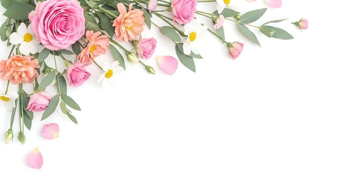 Watercolor floral arrangement with pink roses and pastel hues on white background