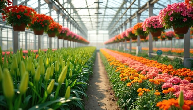 Rows of colorful flowers bloom inside modern greenhouse structure. Green stems, buds of lilies grow, marigolds, plants cultivated in pots overhead. Sunlight streams through glass ceiling.