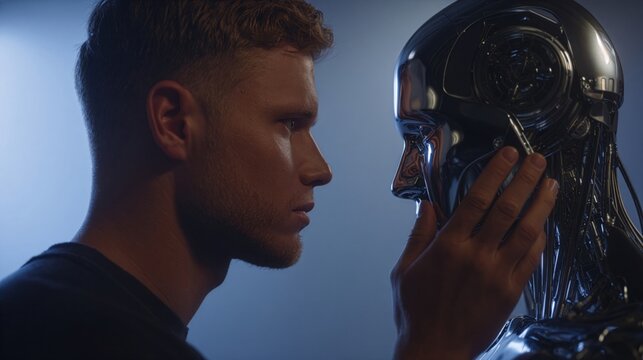 Close encounter between a human and a robot in a dim space with soft lighting highlighting their features and expression