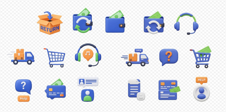 E-commerce and online shopping 3D icon set featuring delivery, payment, customer service, and return symbols.