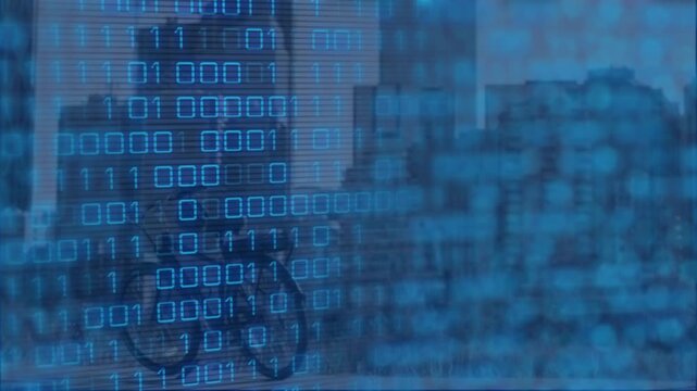 Composition of binary coding and financial data processing on blue background
