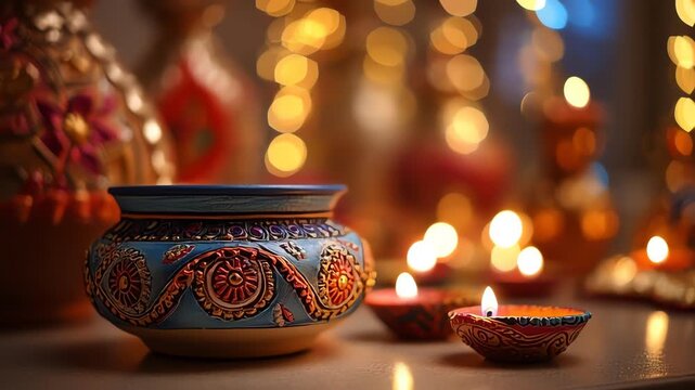 Decorative Clay Pot and Diwali Diyas with Soft Lighting.