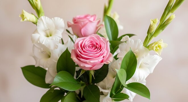A bouquet of pink rose and white gladiolus flowers with green leaves on a neutral background