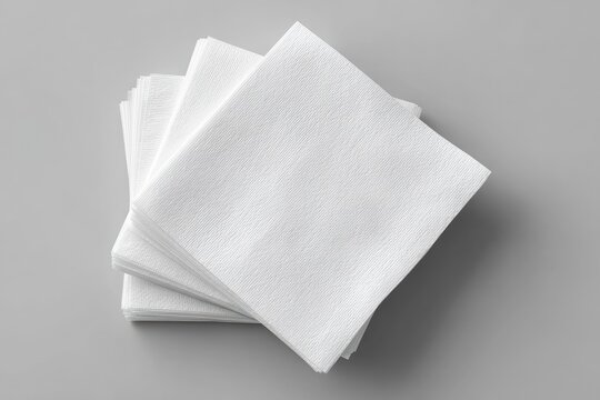 Stack of clean, white, folded square paper napkins on a neutral grey surface