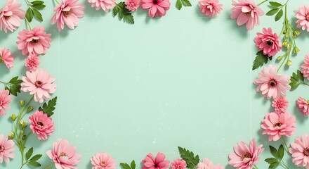 Obraz premium Pink floral border on light blue background with green leaves decoration