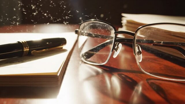 A desk with a pen on an open book and glasses on the right