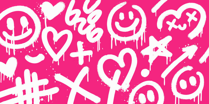 A vibrant pink background with playful white graffiti doodles and shapes