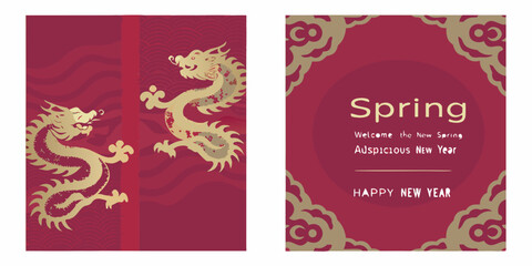 Traditional chinese new year greeting card with golden dragon and spring message