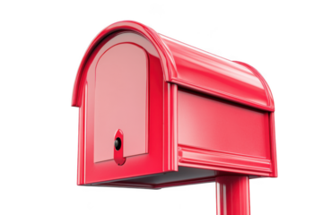 A shiny red mailbox with a curved top and a flag, ready for mail, isolated on transparent background