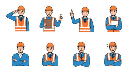 Fototapeta premium Set of eight construction worker character variations in safety gear displaying various professional poses and expressions.