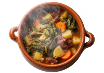 Steaming hot hearty stew with vegetables and meat in a clay pot isolated on transparent background