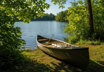 Obraz premium Small wooden boat on the shore of a serene lake surrounded by lush greenery