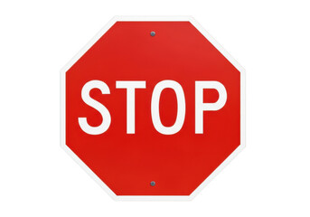 Obraz premium Red octagonal stop sign with white lettering and border, symbolizing halt or prohibition, used for traffic control isolated on transparent background
