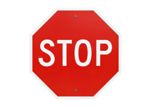 Red octagonal stop sign with white lettering and border, symbolizing halt or prohibition, used for traffic control isolated on transparent background - Powered by Adobe
