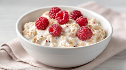 A bowl of oatmeal with raspberries on top