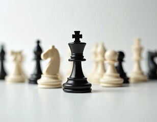 Black king stands out in front of blurred white pawns and chess pieces. Represents strategy, leadership, and facing challenges. Distinctive figure against a group.