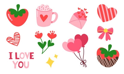 Valentine&rsquo;s Day Cute Vector Icons Set (EPS) &ndash; Hearts, Strawberry, Flowers, Cup, Bow, Balloons