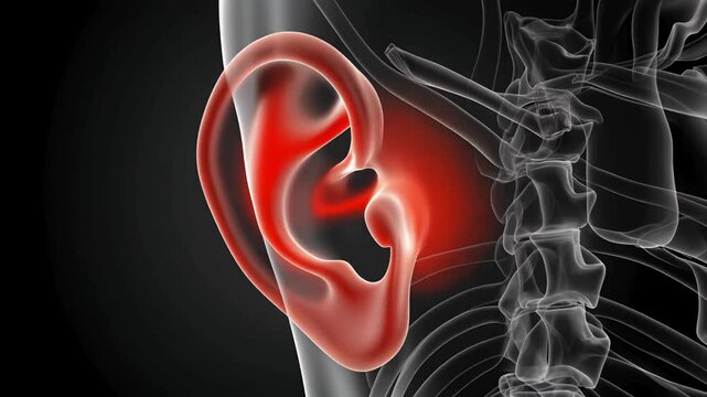 3D human ear anatomy with auditory nerve system highlighted in red on black background
