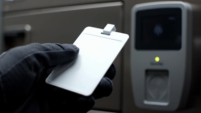 Gloved Hand Holding White ID Card to Unlock Security Scanner in Dark Environment Crime Scene, Safety Access, Data