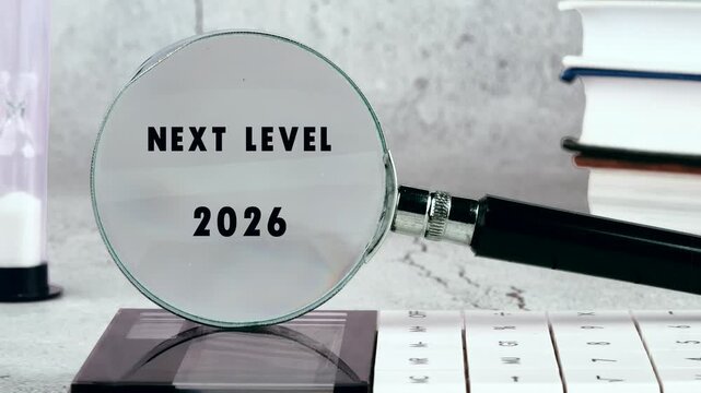 A precise lens glides across a luminous desk, bringing into sharp view the powerful declaration Next Level 2026