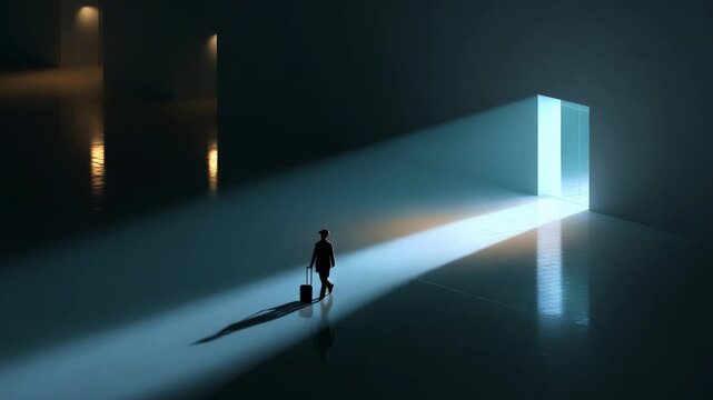 A solitary figure stands at the threshold of a bright doorway, illuminated by beams of light cutting through the shadowy space, evoking themes of journey, discovery, and the choices that shape our