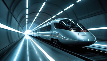 Fototapeta premium Futuristic maglev train speeds through a modern tunnel with glowing lights. Advanced transit system offers high-speed travel and efficient transportation for passengers. Future transport innovation.