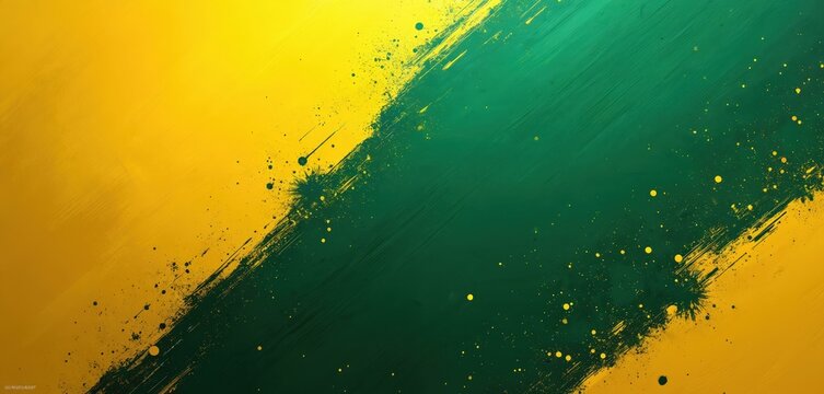 Abstract illustration with green, yellow colors. Diagonal brush strokes, paint splatters create dynamic texture. Represents Brazilian flag elements with energetic design. Great for patriotic themes.