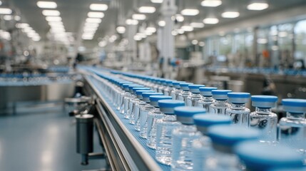 Fototapeta premium Bottles move on a conveyor belt in a pharmaceutical facility during production of medical solutions in a busy environment