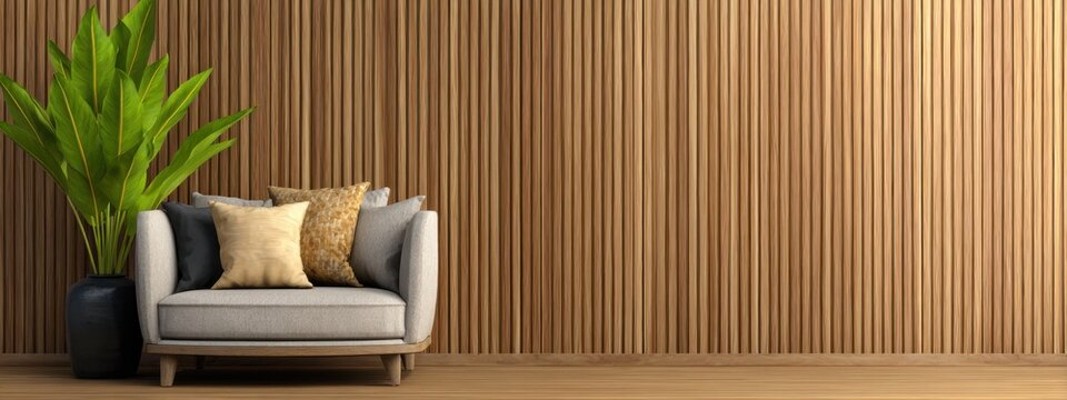 A modern cozy living room with a wooden slat wall, grey sofa, and a potted plant on the left. Cozy mood, calm