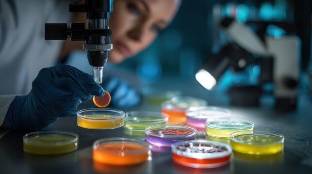 Scientist reviewing microbial culture samples under a microscope to verify the absence of harmful bacteria in readytoeat meals.