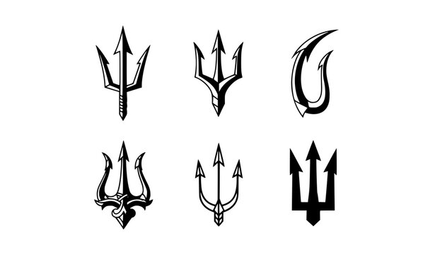 Vector trident illustration set with modern, classic, and stylized logo design elements