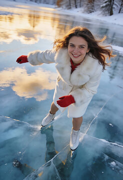 Happy woman ice skating on a frozen lake