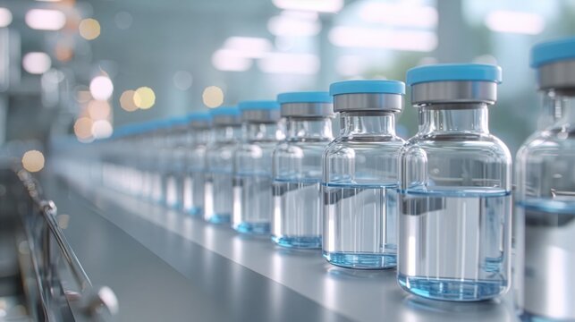 Multiple vials filled with liquid sit on a conveyor belt in a laboratory setting during daytime hours