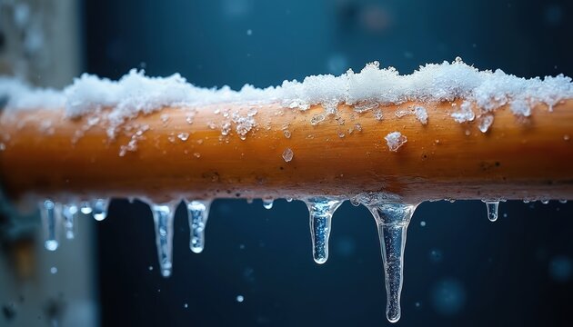 Orange pipe covered in snow and ice with icicles forming. Water drops fall from the frozen pipe. Winter cold weather plumbing issue, home damage.