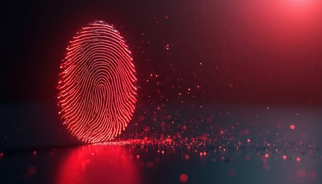 Red glowing fingerprint shape on dark background with particles. Digital identity and security concept for privacy and tech themes. Unique biometric identifier analysis and authentication.