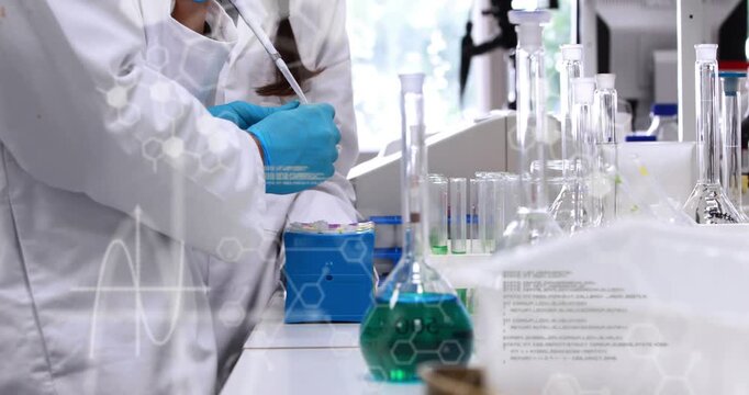 Digital image of a lab with math equations highlights global finance networking.