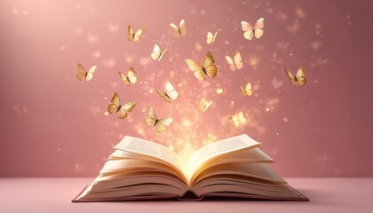 Naklejka premium Golden butterflies fly from open book on pink background, suggesting magic and imagination. Story unfolds with glowing pages, inspiring dreams and wonder for readers of all ages.