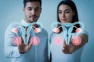 Couple interacting with digital human reproductive system graphics