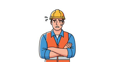Stressed male construction worker wearing orange safety vest and yellow hard hat stands with crossed arms and worried expression.