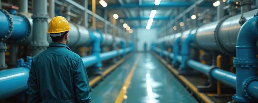 Water plant worker in yellow hardhat inspects large industrial pipes. Engineer checks pipes and equipment inside water treatment facility. Technician monitors water purification process.