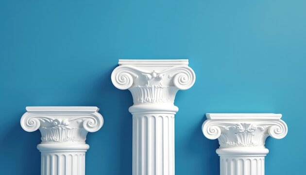 Three white classical columns stand on a blue background. Central pillar is tallest. Ionic capitals top each structure. Clean minimalist design for presentation.