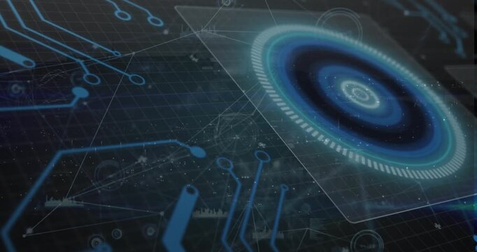 Animation of network of connections with icons over globe and moving colorful grid