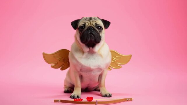 A pug dressed as cupid with wings and a bow with heart arrow against a pink background, humorous concept of playful matchmaking