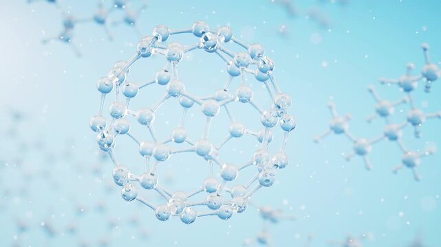 Molecular structure of Fullerene C60 on a blue background, seamlessly looping in a dynamic and cinematic motion